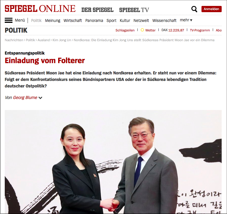 Screenshot vom Artikel: Die Schwester von Kim Jong Un, Kim Yo Jong, gibt dem südkoreanischen Präsidenten Moon Jae-In die Hand.